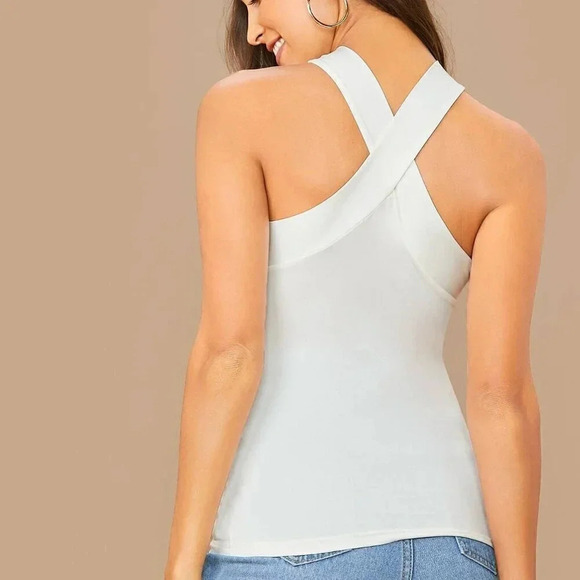 White Casual Women's Form-Fitting Crisscross Halter Top - Picture 2 of 6